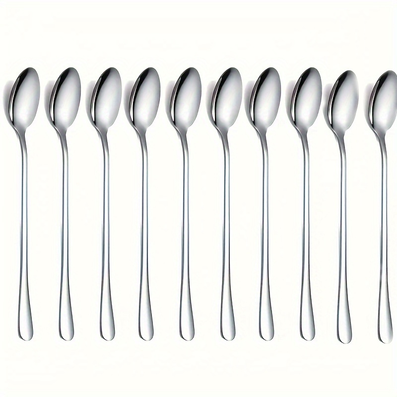 TEMU 10pcs, Stainless Steel Long Handle Ice Tea Spoon, Coffee Spoon, Ice Cream Stirring Spoon, Kitchen Additions
