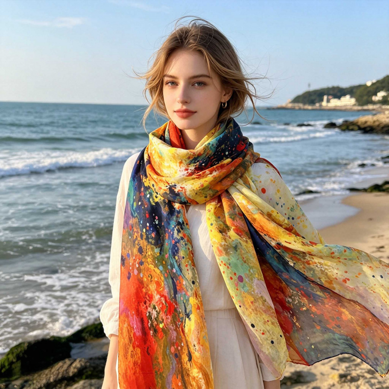 TEMU [1PS] Foulard en de soie 100% Viscose de haute qualité 80 , imprimé motif série aquarelle, printemps automne hiver chaud polyvalent style