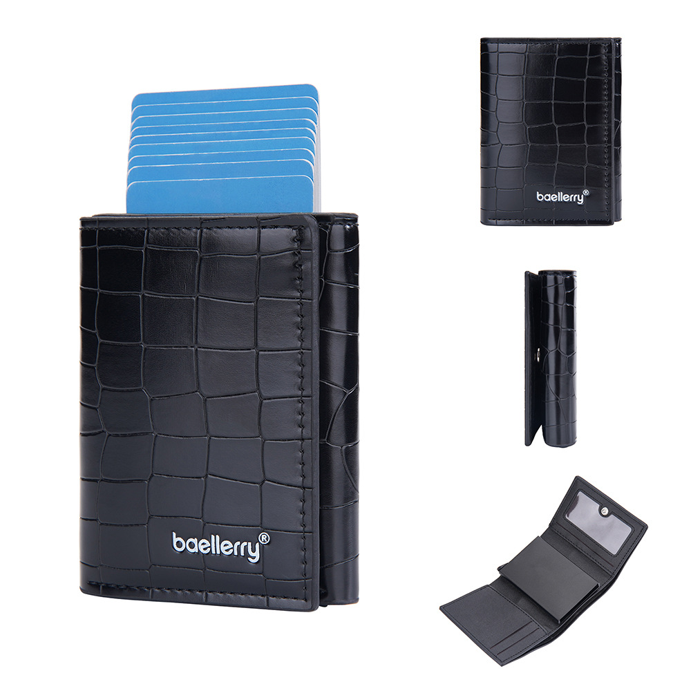 Image of Men's Rfid Wallet, Crocodile Texture Trifold Aluminum Card Holder, Automatic Pop Up Card Case, Slim Anti-theft Credit Card Wallet