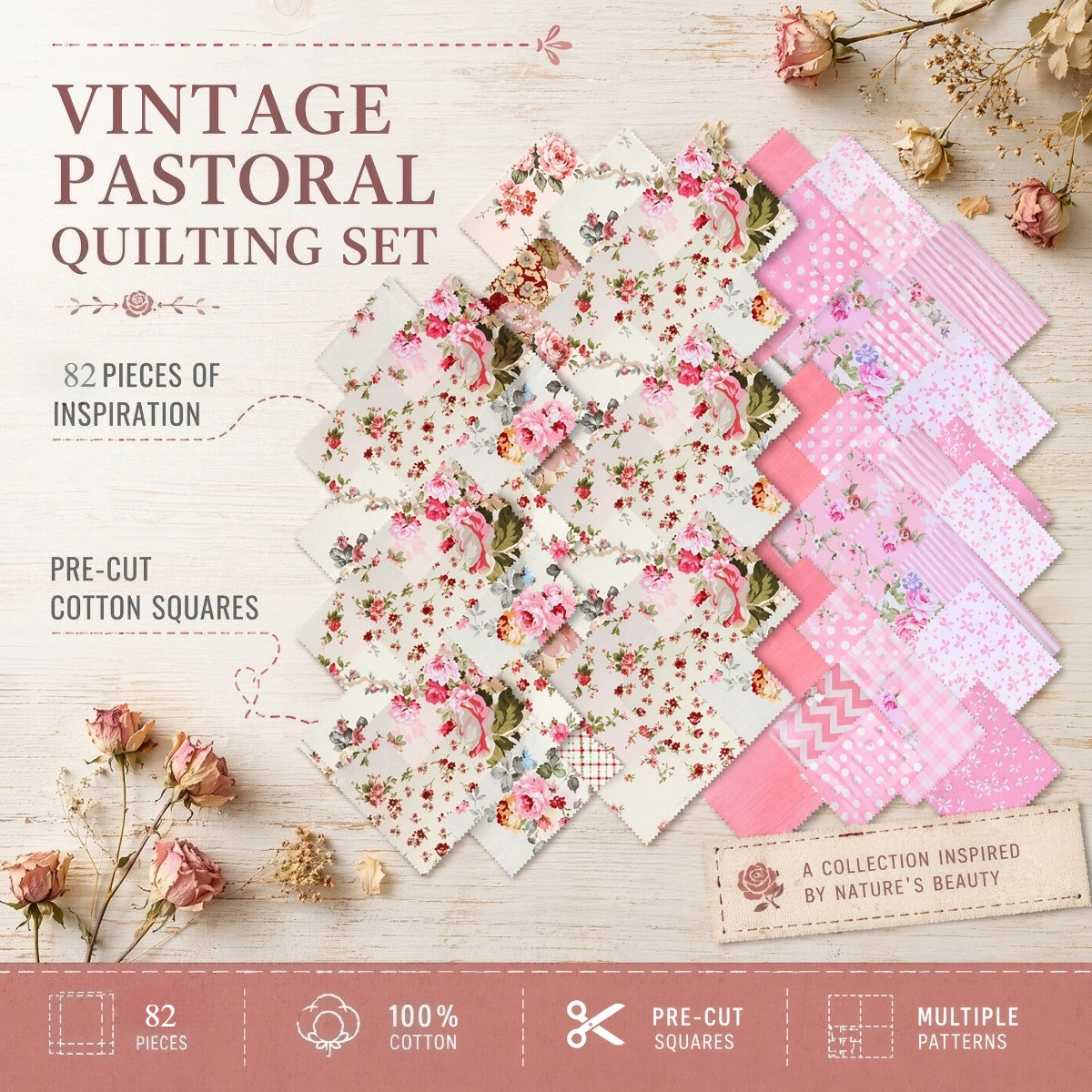 TEMU 82pcs 5' X 5' Cotton Quilt Kit Suitable For Diy Craft Supplies - Precut Squares With 28 Patterns, 3pcs Each Color, Decorative Stripe Print, Hand