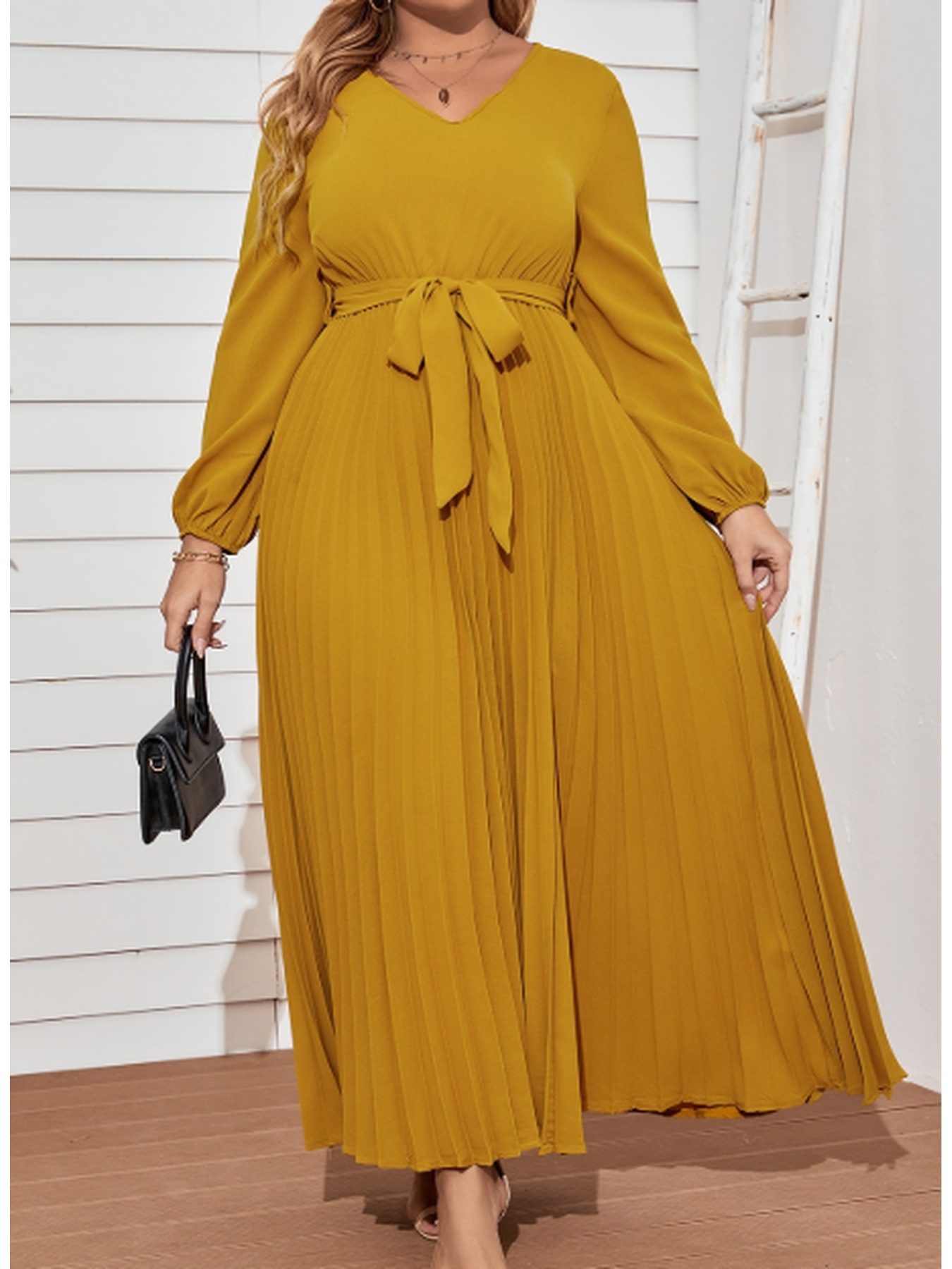 Women’s Plus Size Elegant Mustard Yellow Maxi Dress – A-Line Flared Midi Gown with Long Sleeves, Formal & Wedding Guest Outfit