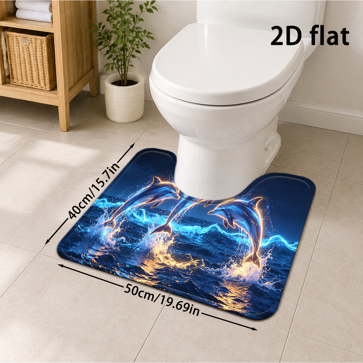 TEMU 2d Flat, 2d Flat, [2d Flat] 1pc Ocean Dolphin Leaping Wave Glow Bathroom Mat Modern Trendy Holiday Mat U-shaped Toilet Mat Soft Thick Absorbent