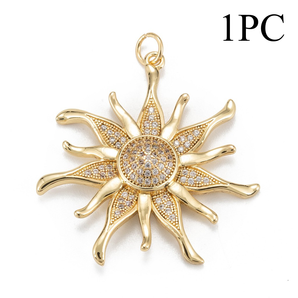 TEMU 1pc Brass Micro Pave Clear Cubic Zirconia Pendants, Durable, Sun-shaped, Plated With 18k Golden, Measuring 35x33x5mm, With A Hole Of 4mm And A