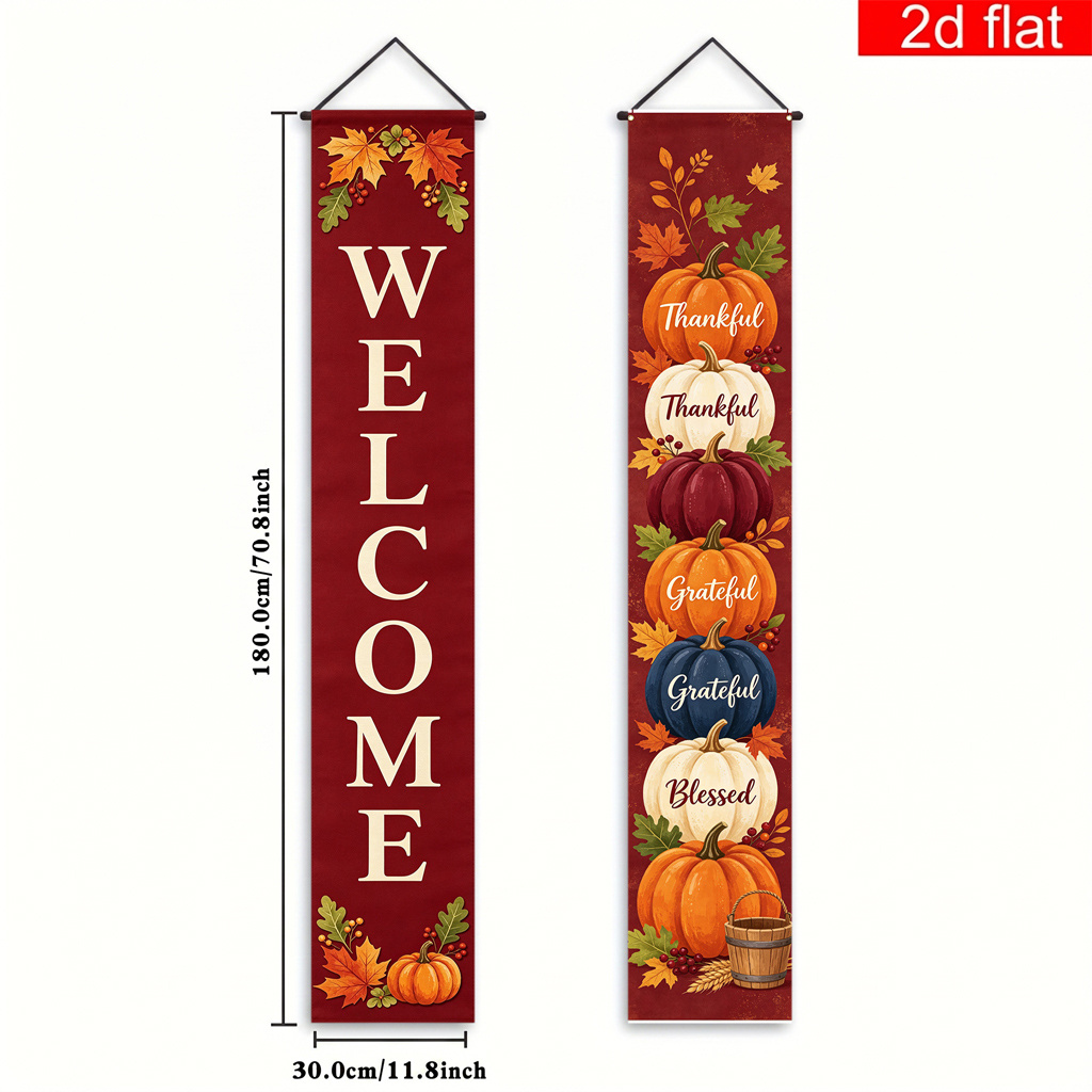 TEMU 2d Flat, 2d Flat Banner, 2pcs, Thanksgiving Autumn Pumpkin Maple Leaf Themed Couplet Door/side Hanging Banner, Burgundy Red Background With
