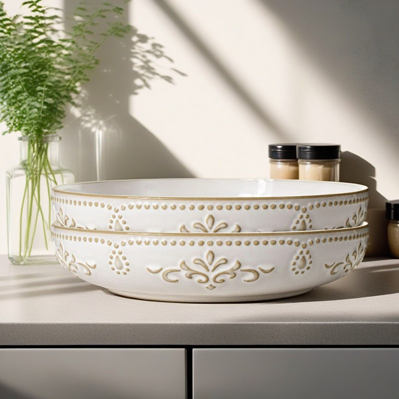 Image of 1/2 Pcs Artena Large Pasta Bowls 9., Bowls 50oz - Embossed White Ceramic Serving Bowls, Shallow Dinner Bowls, Deep Platters, Microwave & Dishwasher Safe - Thanksgiving, Christmas, New Year