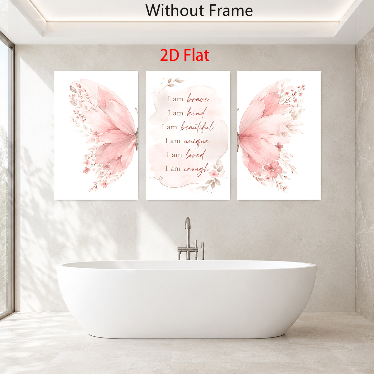 TEMU 2d Flat, 2d Flat Artwork Featuring 3 Pink Wings With Positive Text, Wall Art Canvas Print, Living Room Home Decor Painting, Unframed, 2d Flat