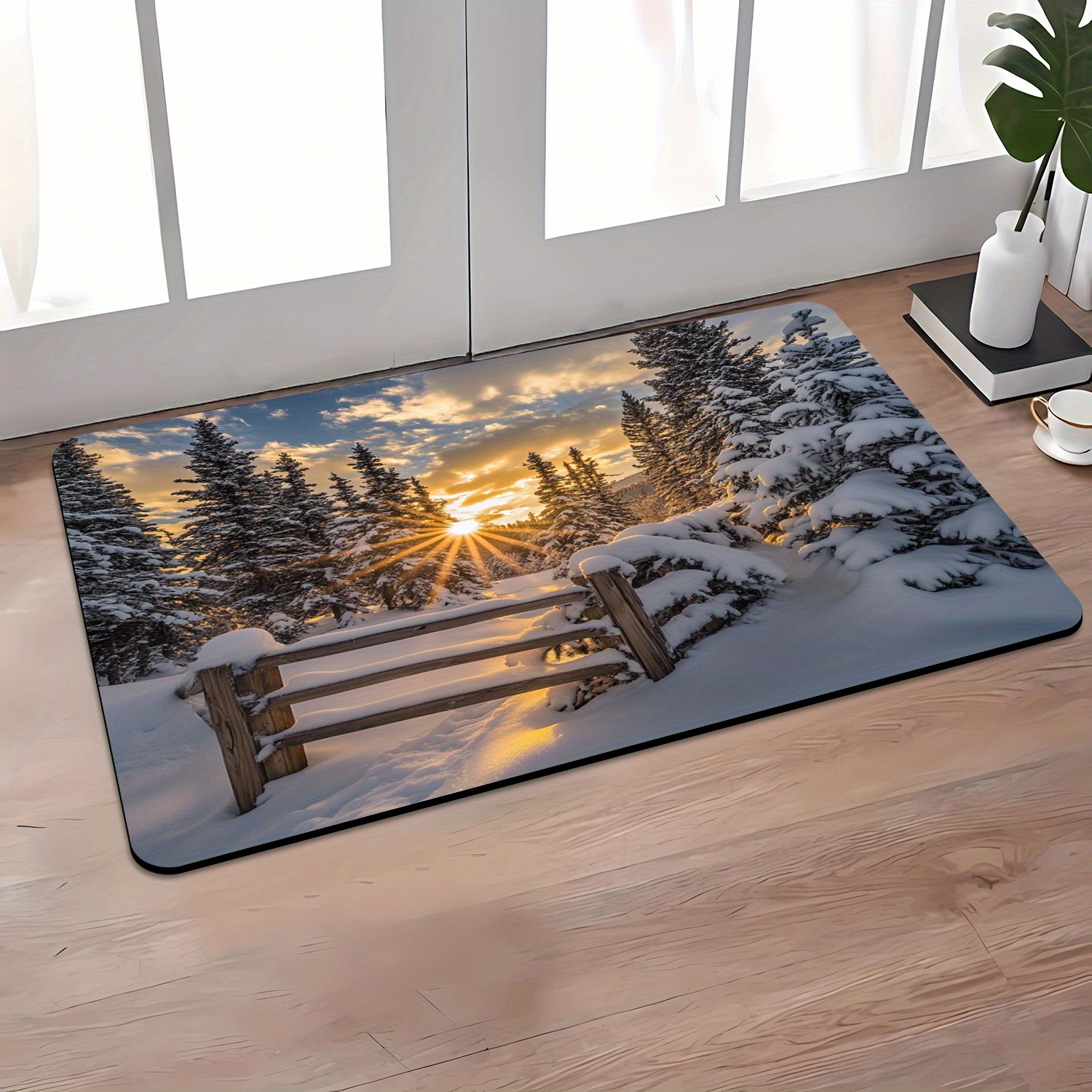 

1pc Winter Sunset Bath Mat Mat – Cozy With Snowy Pine Scene, Machine Washable, Indoor/outdoor Use For Bathroom, Laundry, Living Room, , And Entrances, Flannel Material