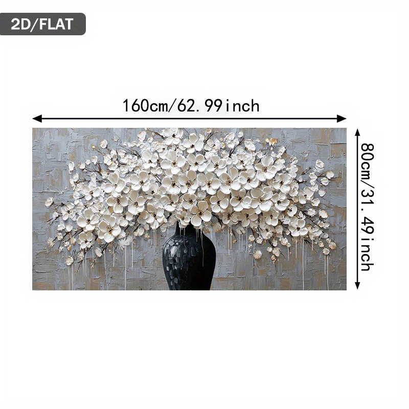 TEMU 2d Flat, 2d Flat, 2d Flat 1pc Large Modern Abstract Floral Canvas Art - Minimalist White Flowers In A Black Vase, Frameless Modern Wall Decor