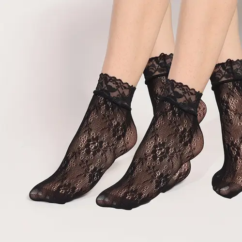 5 pairs womens elegant lace fishnet socks floral pattern contrast lace trim breathable fabric black for casual or formal wear lace socks