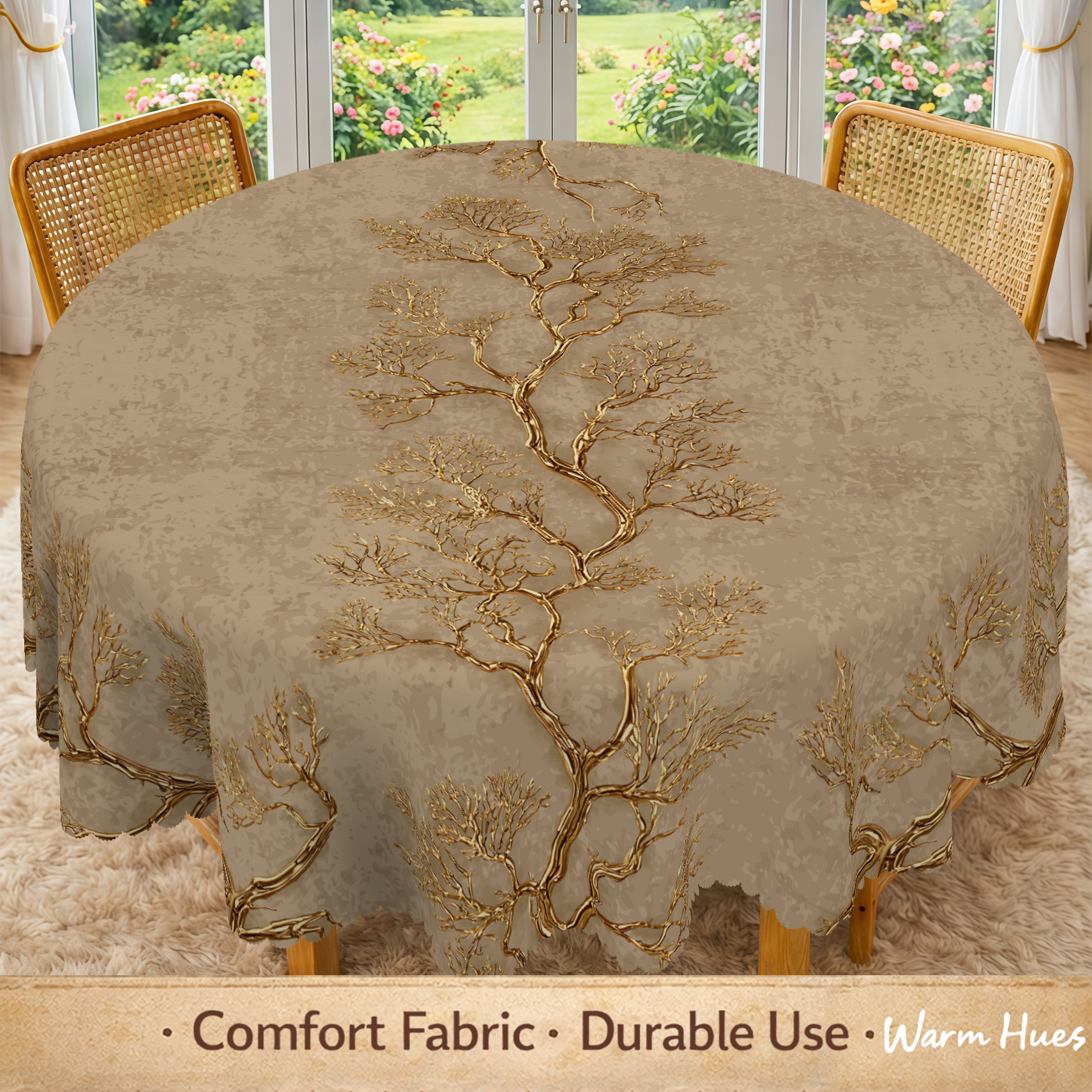 1pc, Vintage Golden-Brown Tree Tablecloth, Elegant Golden Branch Print with Intricate Twigs And Leaves, Artistic Nature Design on Textured Beige Background, Botanical Style Table Cover for Dining Room, Kitchen And Home Decor, 7 Sizes Available