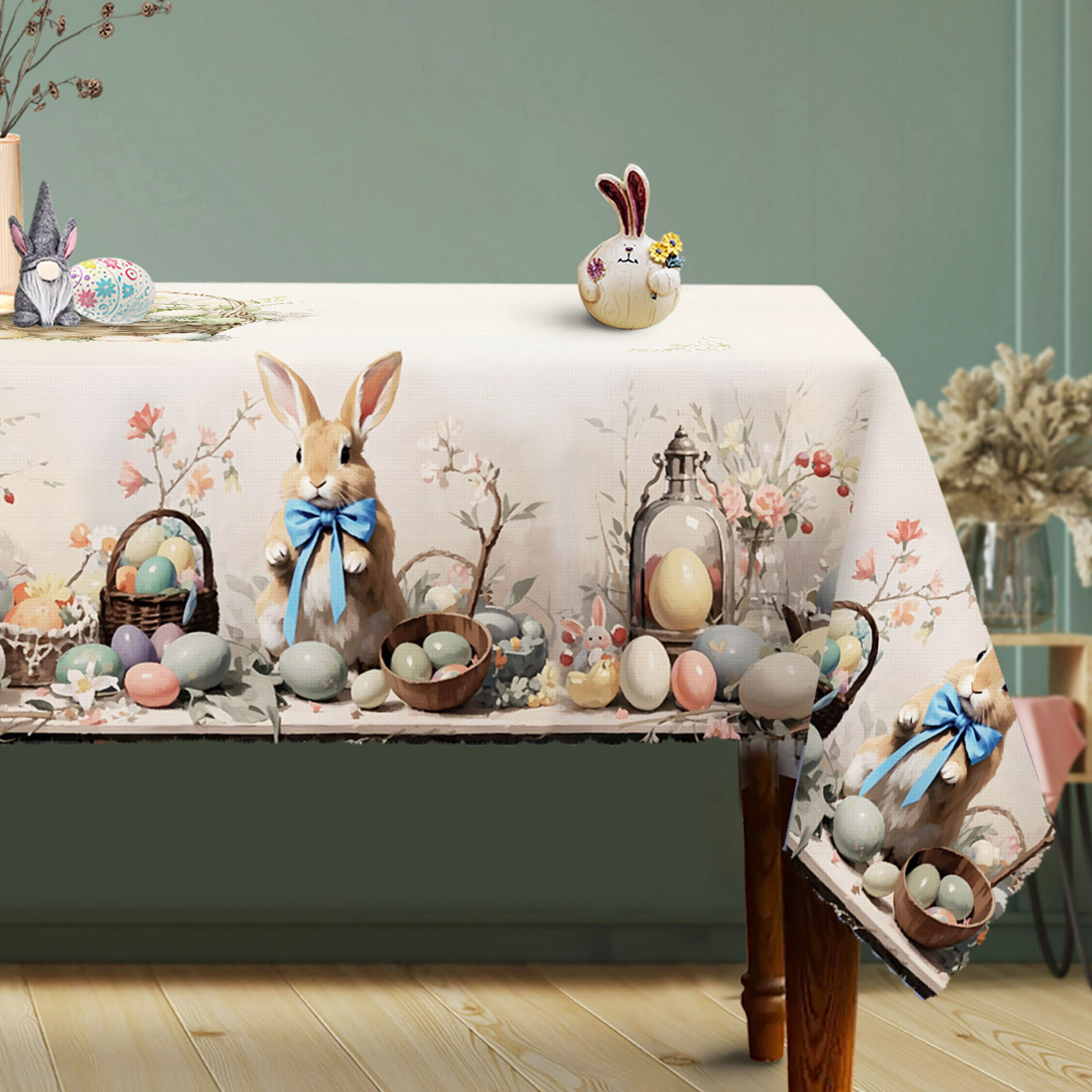 

Easter Bunny Printed Tablecloth, Vintage Floral And Egg Design, In Round And Rectangle Shapes, Rustic Style Decor, Indoor Table Setting, For Holiday Parties.