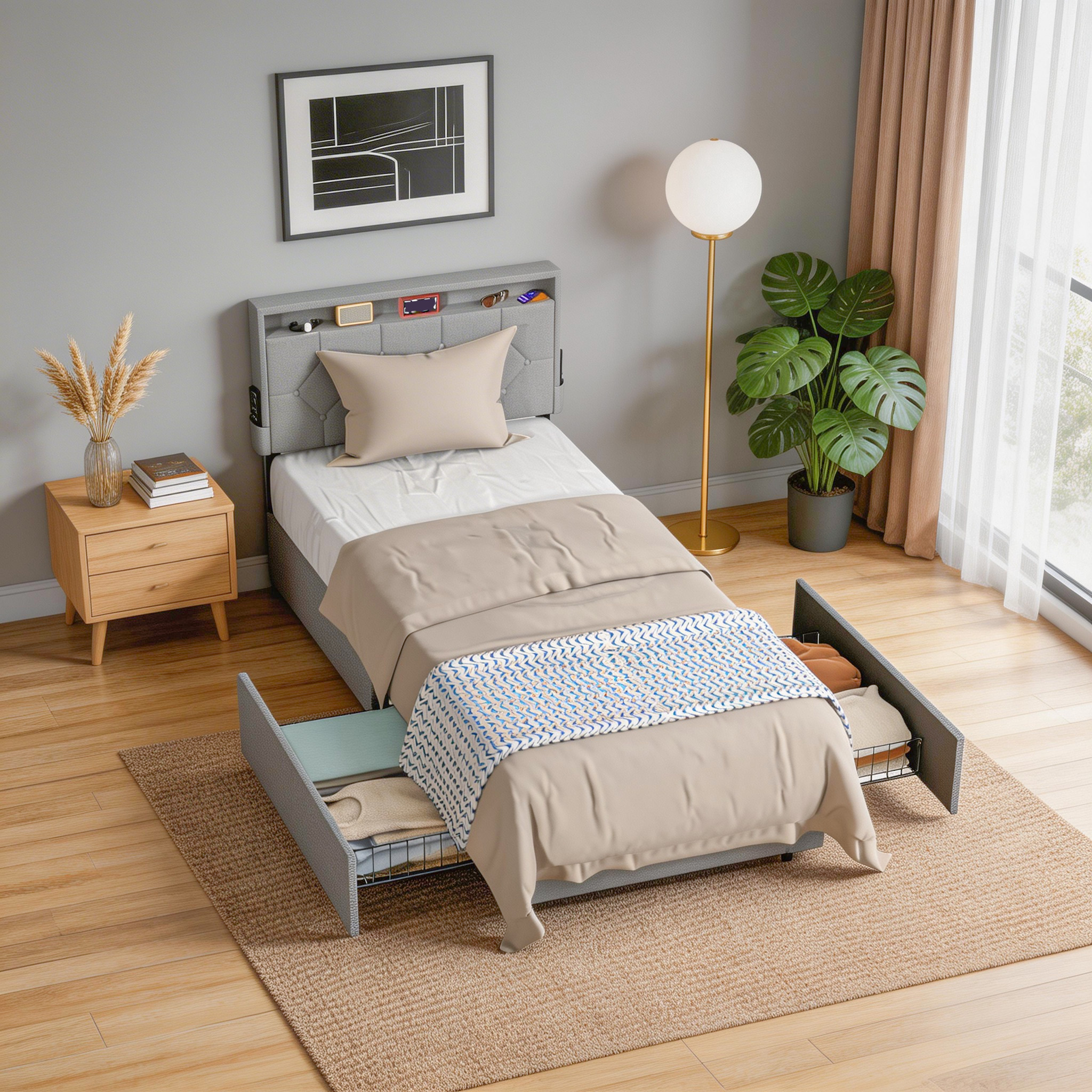 Upholstered Bed With Storage Drawers, Bed Frame Made Of Linen Fabric, 90/140/160 X 200 Cm, Padded Headboard Metal Platform Bed With Under Bed Space, Dark Grey/light Grey
