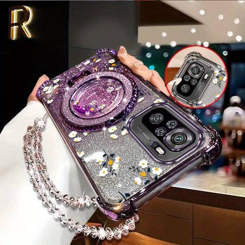 item picture stylish phone case for the redmi note 10s featuring a yellow base white a circular ring stand and a transparent bead lanyard for and it adds a fashionable