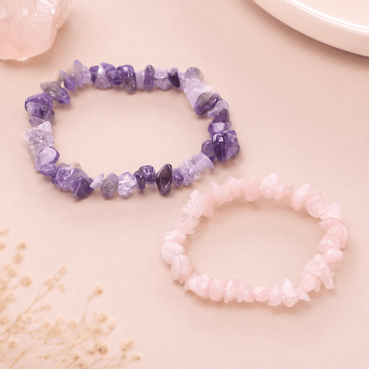 2pc Amethyst & Rose Quartz Chip Bracelet Set