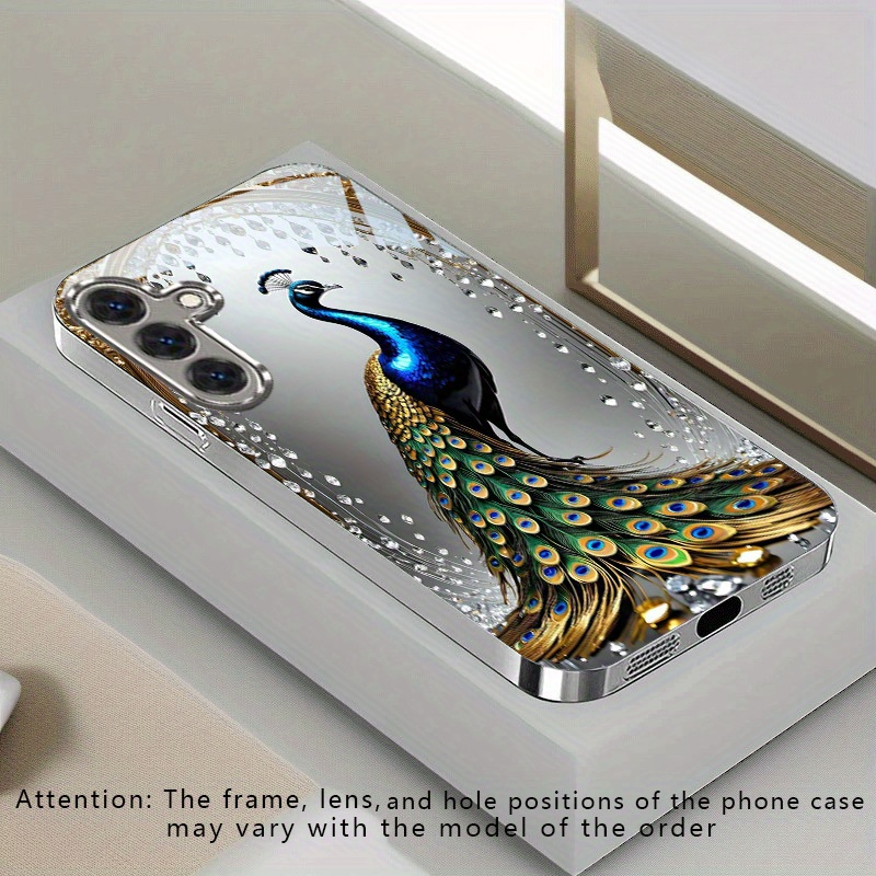TEMU Phone Case - High-end Elegant Creative Peacock Pattern Silvery Electroplated Glass Phone Case, Compatible With Galaxy