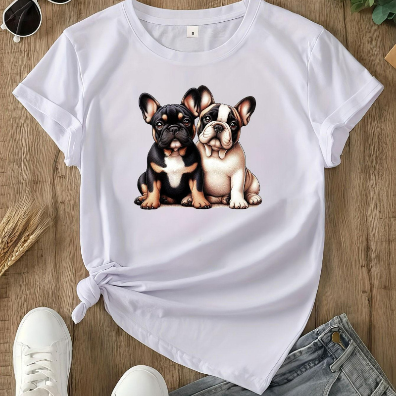 

Women's French Bulldog Printed T-shirt, Comfortable Round Neck Short Sleeve Sports Tee, Top For Women.