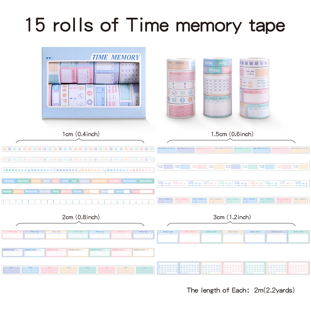 TEMU 15 Rolls Macaron Time Sticky Notes Tape Set, 4 Widths & 2m Length With Perforated Edge For , Minimalist Time Theme For Art Crafts, Diary, Weekly