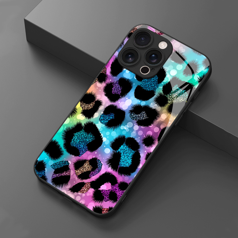 TEMU Phone Case - 1pc Colorful Leopard Print Glitter Gradient Pattern Hd Glass Phone Case For Iphone