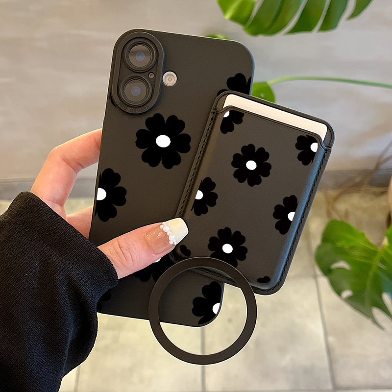 TEMU A Set Of 3 Items Including A Stylish And Protective Black Floral Phone Case, A Multifunctional Leather Wallet With A Magnetic Card Holder, And A