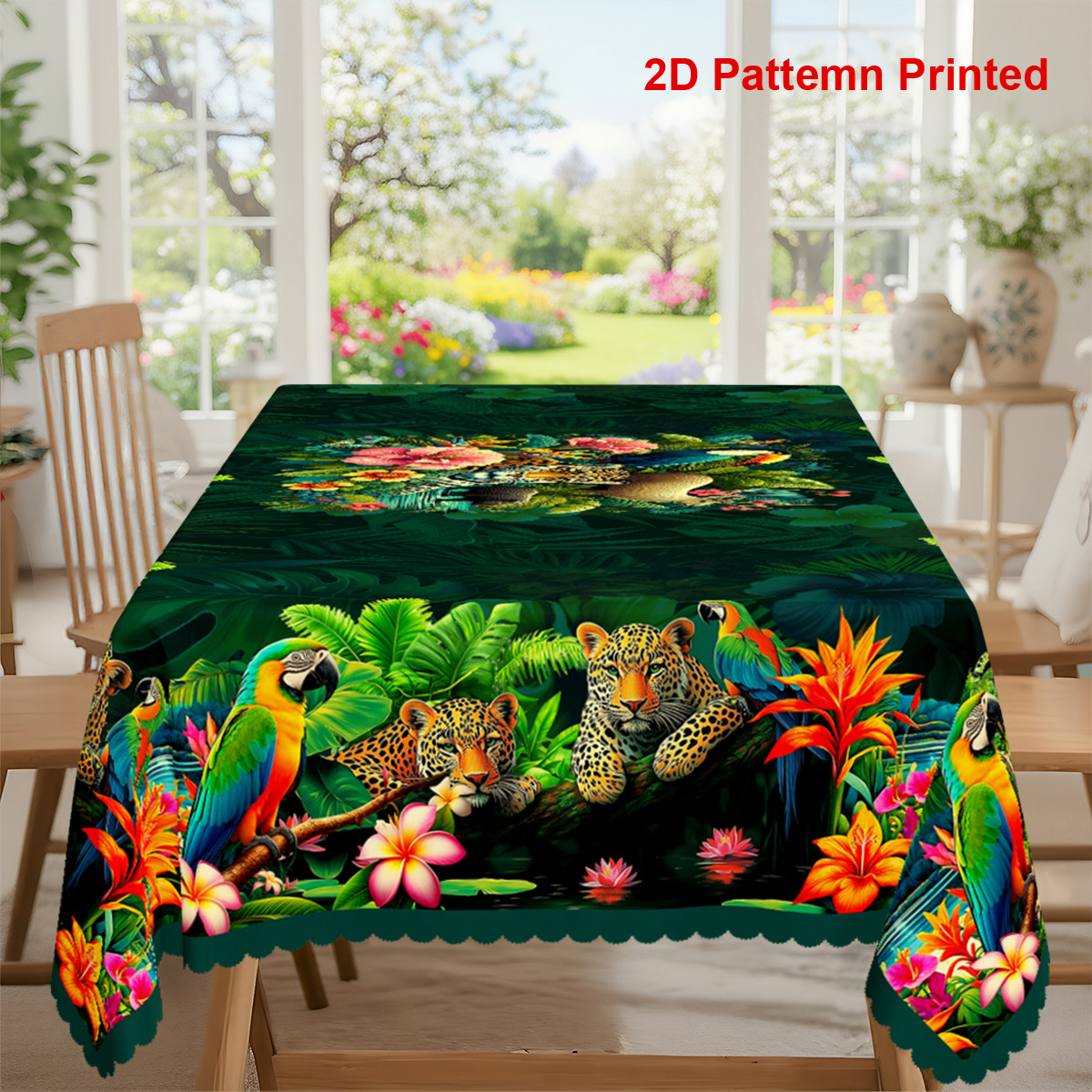 TEMU 1pc, Nappe de fête sur le thème de , motif floral imprimé de feuilles de palmier de perroquet de chèvre, nappe rectangulaire/ronde/ovale, bord ,