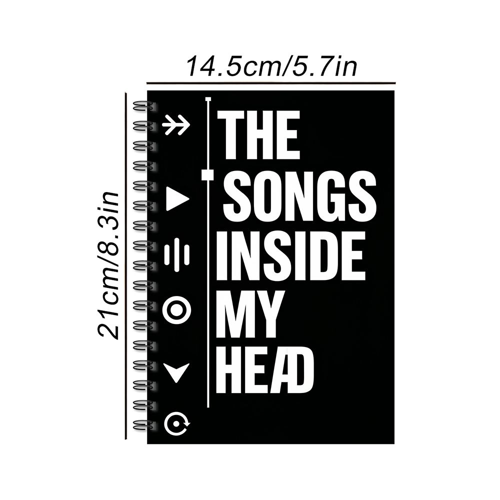 TEMU 1pc Black Spiral Notebook, Music Lovers And Songwriters, The Songs Head Quote With Media Player Icons, 60 Sheets 30 Pages A5 Journal, Creative