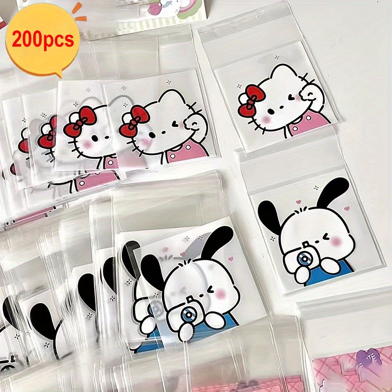 200pcs Sanrio Hello Kitty & Pochacco Self-Adhesive Clear Plastic Storage Bags - Cute Cartoon Jewelry Organizer Pouches for Earrings, Rings, Necklaces, Small Items, Party Wedding Gift Packaging Supplies, Jewelry Organizer Storage, Fun Accessories, Lightweight Material, Craft Enthusiasts