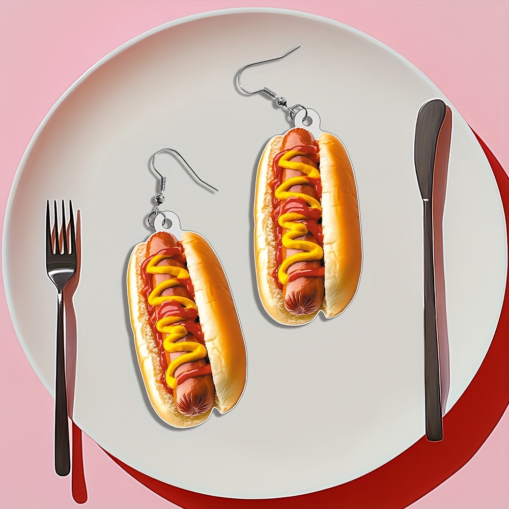 TEMU A Pair Of Fun Hot Dog Earrings - Realistic Seasoning Design, Sesame Shape, Light Acrylic Party Decor, Birthday Picnic , , Ladies Fashion Doll