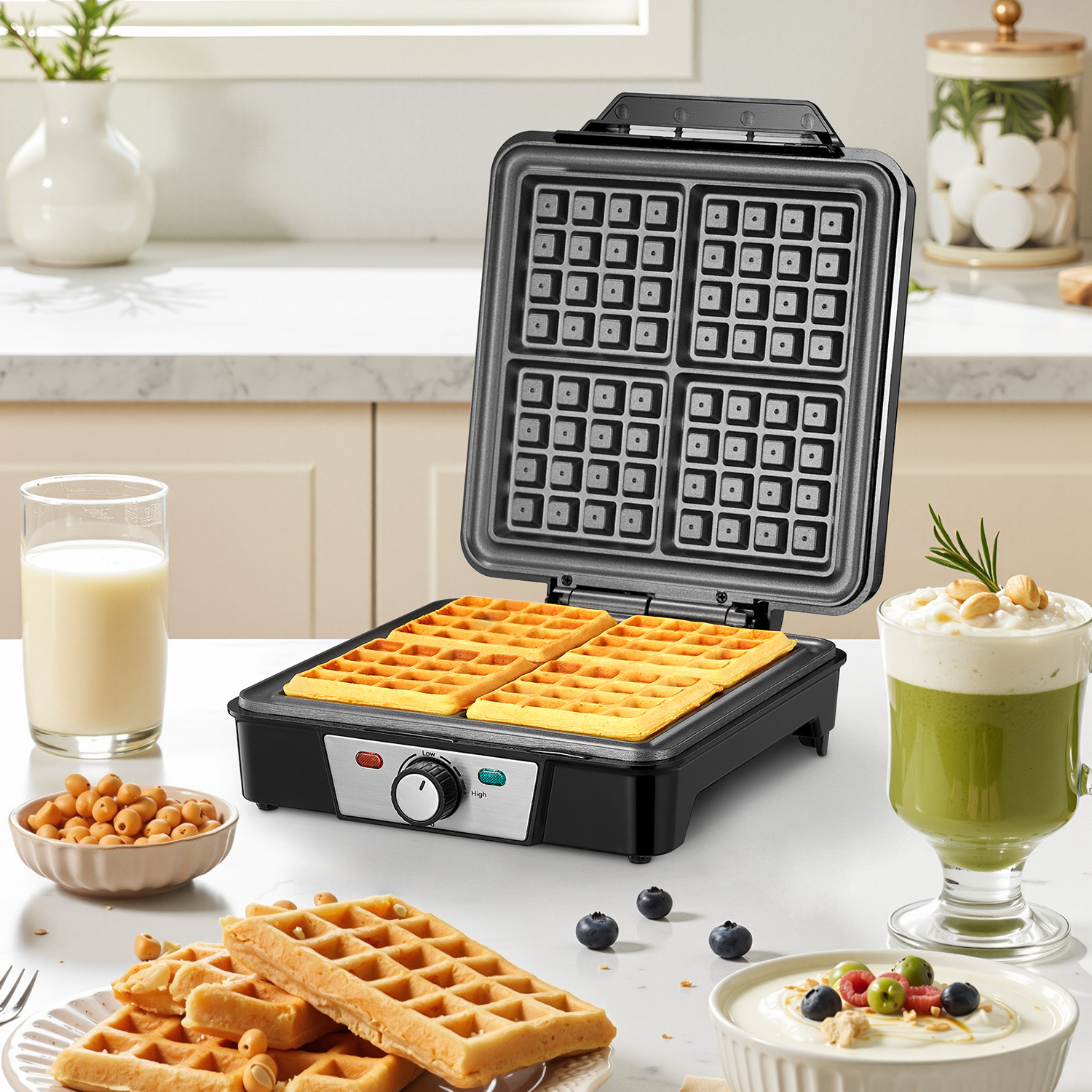 TEMU Gaufrier belge 1200W 4 tranches, -débordement, bouton de brunissement réglable, plaques antiadhésives avec lumineux clairs