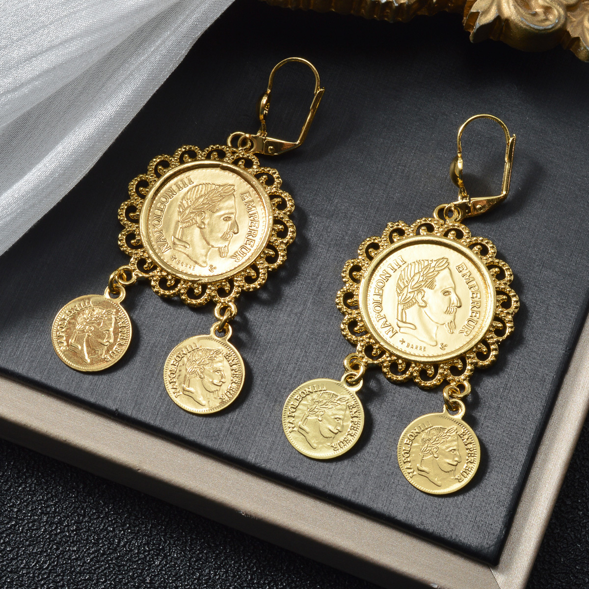 TEMU 1 Paire de Boucles d'Oreilles Pendantes Portrait Vintage Plaqué Or 18K, Médaillon Rond en avec Breloques Double Pendule pour Femmes