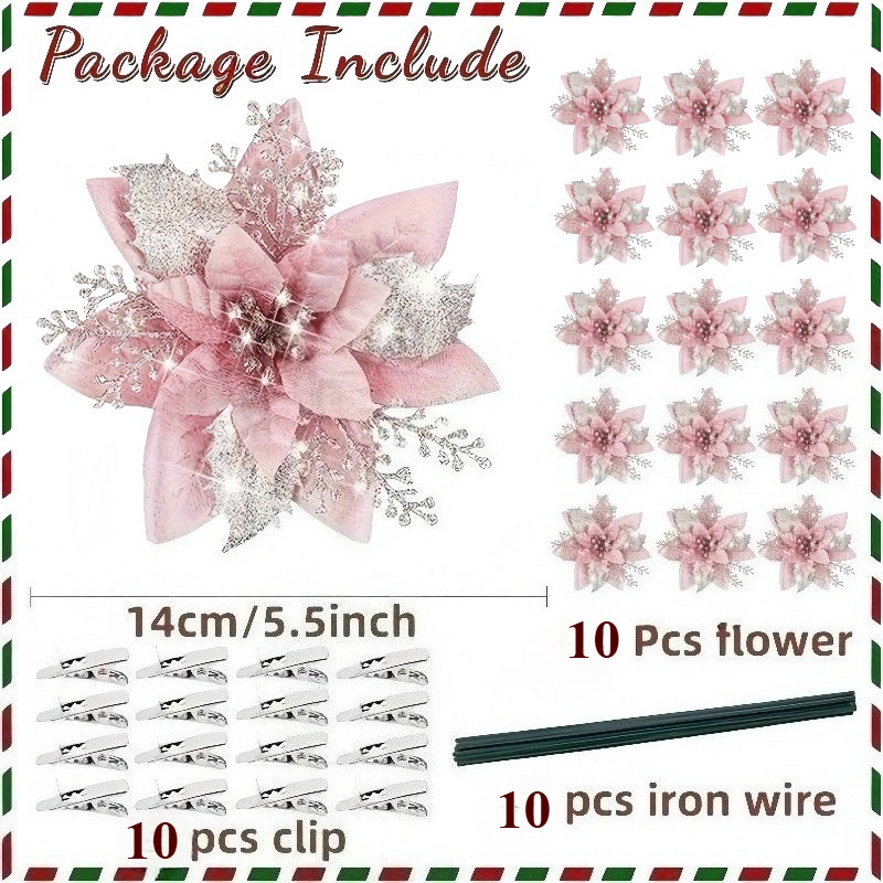 TEMU Set da 30 pezzi di fiori natalizi rosa - 10 fiori + 10 fermagli per fiori + 10 , decorazione per albero , ornamenti appesi lucidi fai da te per