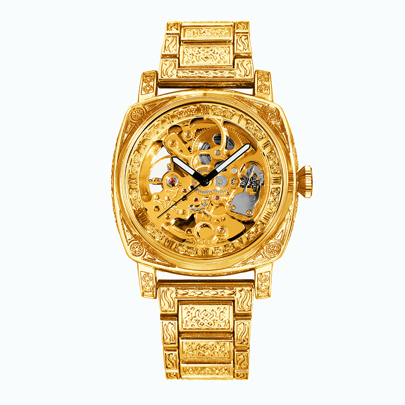 E-shop 1 Stück Herren Gelb Stahlband Business-Stil Vielseitig Fein Gravierte Römische Vollautomatische Mechanische Uhr