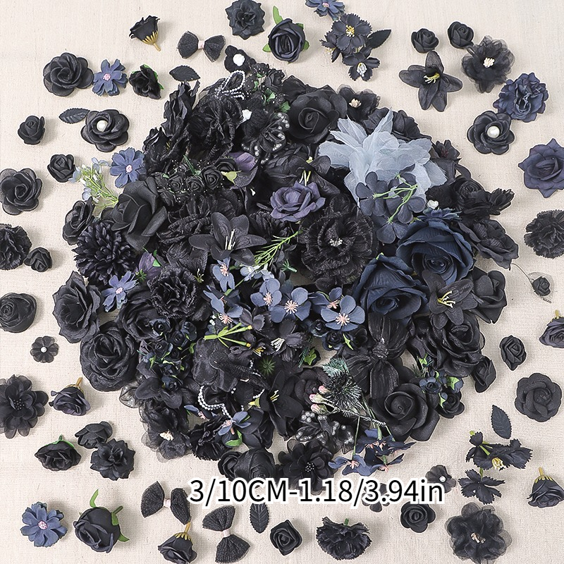 TEMU 30pcs Styles Aléatoires Noir 3-10Cm Mélange de Têtes de Fleurs Artificielles, Pack de Matériel, Couronne, Accessoire de Cheveux pour Décoration