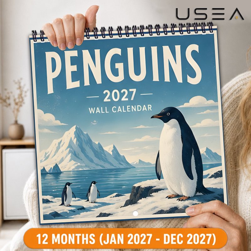 TEMU Wandkalender 2027 Pinguine Wandkalender, 12-Monats-Monatsplaner, Doppel-Drahtspiral-Hängekalender, 8,3 x 8,3 Zoll Quadratischer Kalender, Große