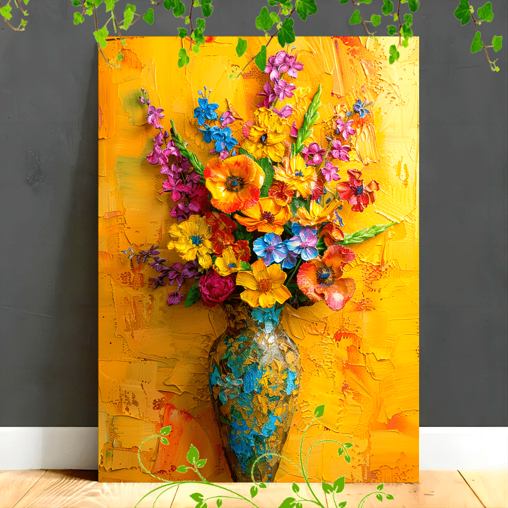 

1pc Vibrant Floral Canvas Art With Textured - Colorful Bouquet In Blue & Yellow Vase, Wooden Framed, Wrapped Canvas For Living Room, Office, Decor, 2d, Room Decor