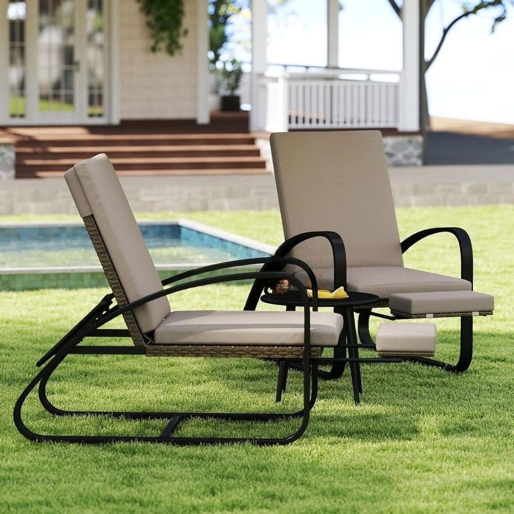 Set with Table Patio Chaise Lounge Chairs, Patio Recliner Chair, Outdoor Furniture Set 5-Position Adjustable, Outdoor, Bench for Deck, Lawn, Garden