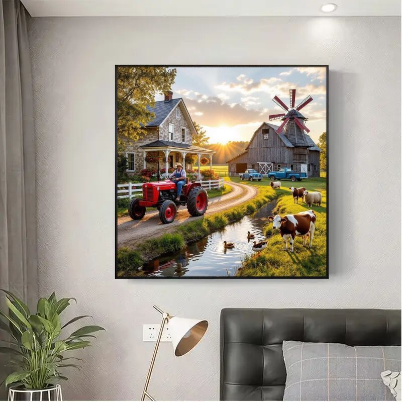 TEMU Peinture Diamant 5D de dans une Ferme Rurale - DIY Strass Plein Décoration Murale avec Homme au Chapeau de Paille Conduisant un Tracteur Rouge,