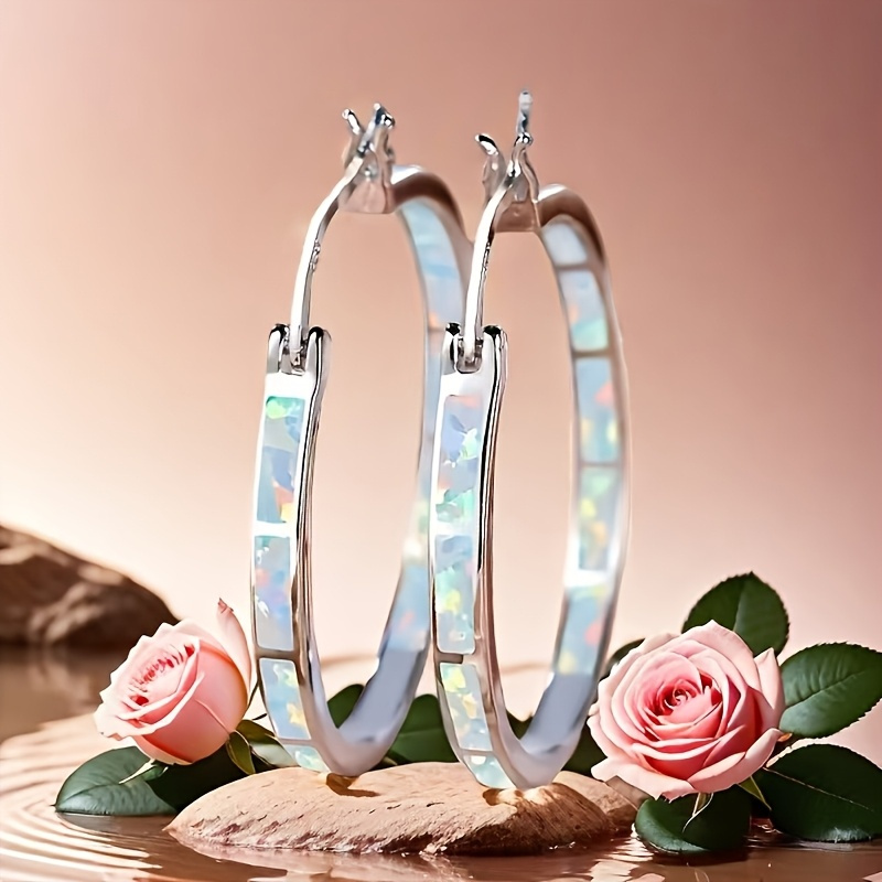 TEMU 1 Pair Plated Hypoallergenic Hoop Earrings Set With Opal Bohemian Elegant Female Earrings