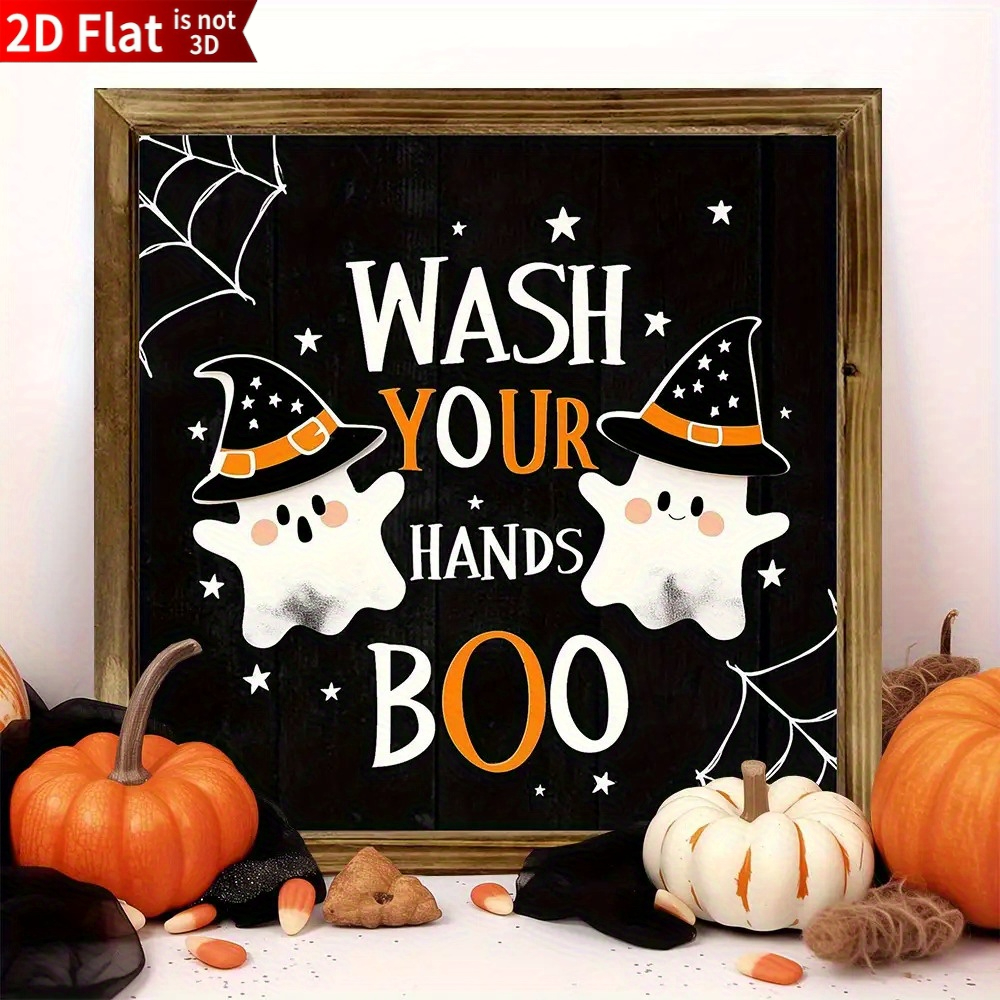 TEMU 2d Flat - 2d Flat, 1pc Halloween Wooden Bathroom Wall Decor - Rustic Style "wash Hands, Little Ghouls" Sign, With Cute Little And Bats Versatile