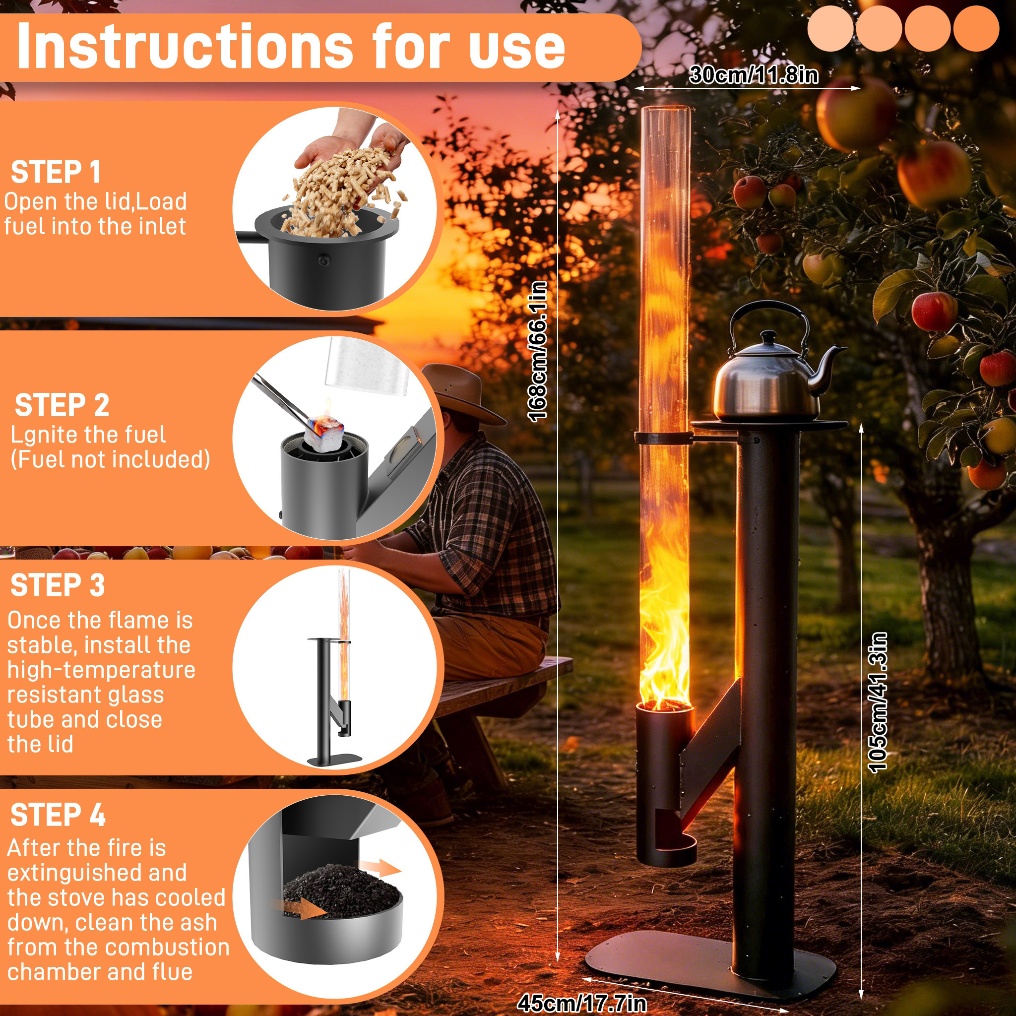 Image of Wood Heating Stove, Fireplace Accessories, Classic Fire Tube Pellet Torch, Fire Column With Stable Triangular Structure For Patio, Garden, Yard And Balcony