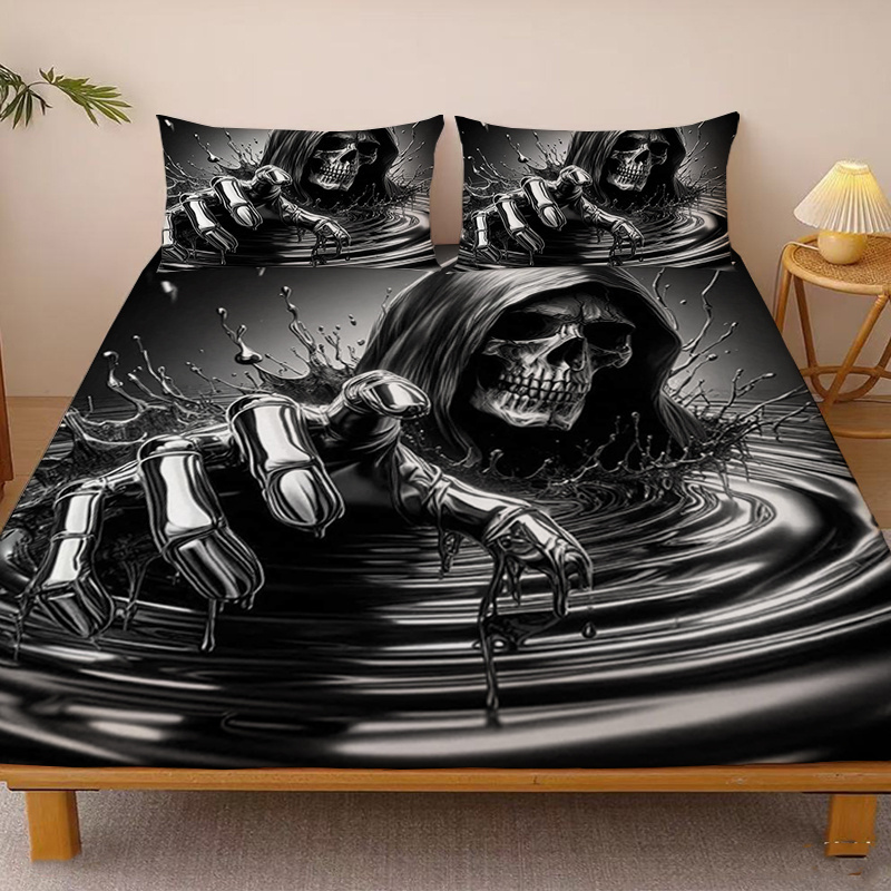TEMU 1pc Fitted Sheet With Metal Arm Of Death Rising From Design, Single Deep Pocket Fitted Sheet, No Pillowcase, Soft Washable Fabric, Comfortable