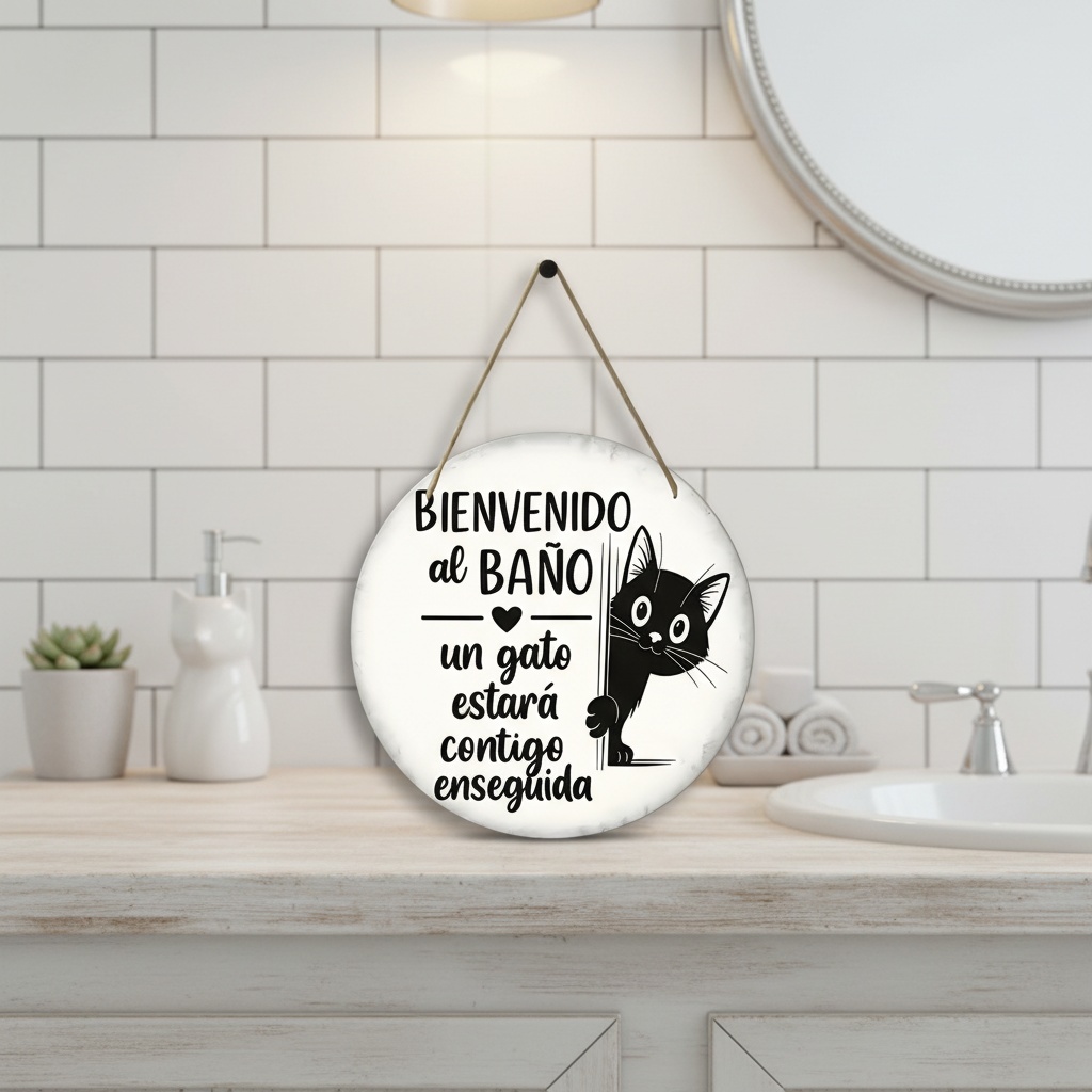 TEMU 2D, Impresión 2D " al Baño, un Gato Te Acompañará" Decoración de Pared con Texto - Detalles de Silueta de Gato y , Letrero Decorativo de Madera,