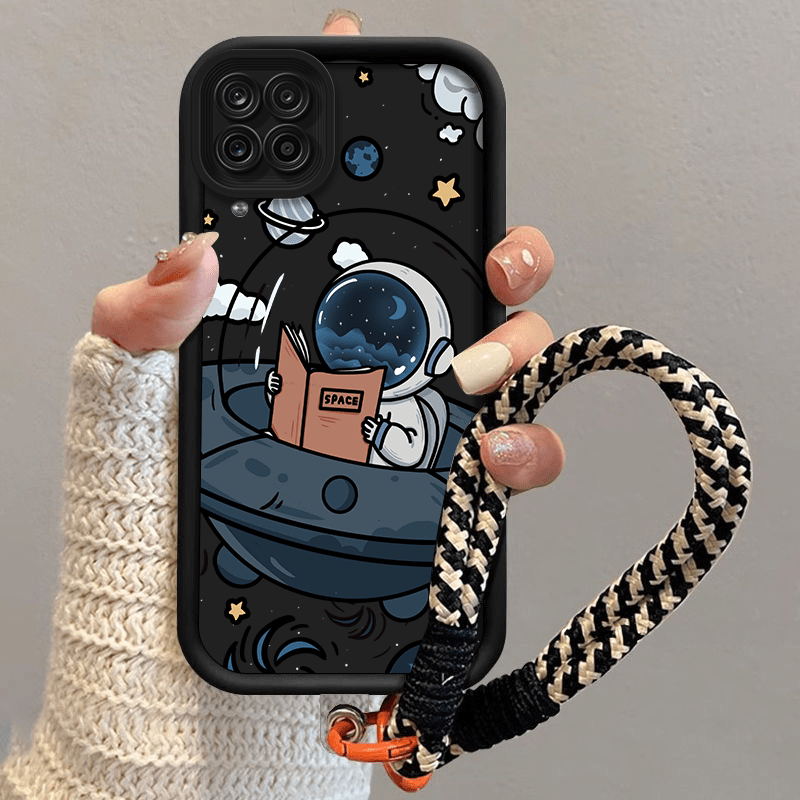 TEMU Black Creative Astronaut Cartoon Phone Cases For For Galaxy A12/f12/m12(multimodel Universal) Lanyard Phone Case For Men And Women. High-quality