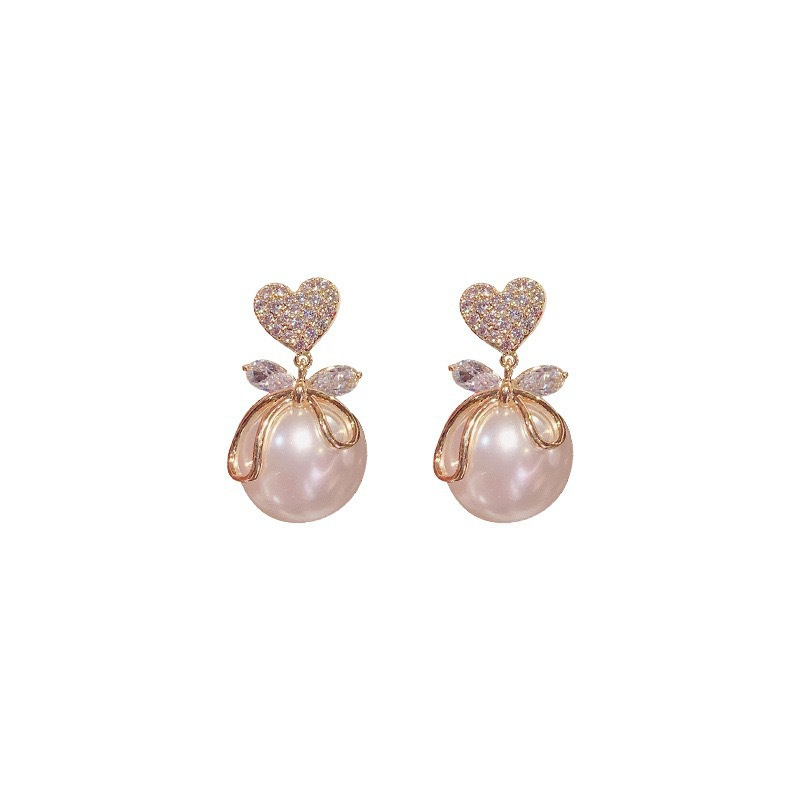 

2pcs Elegant Peach Heart Pearl Earrings With S925 , Fashionable Golden-tone Alloy