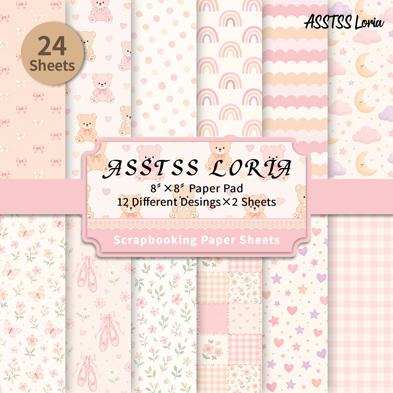 TEMU Bloc de papier de scrapbooking ASSTSS Loria 24 feuilles pour journaling, carton épais avec de bébé rose, papier de mélange 8"x8" pour art de