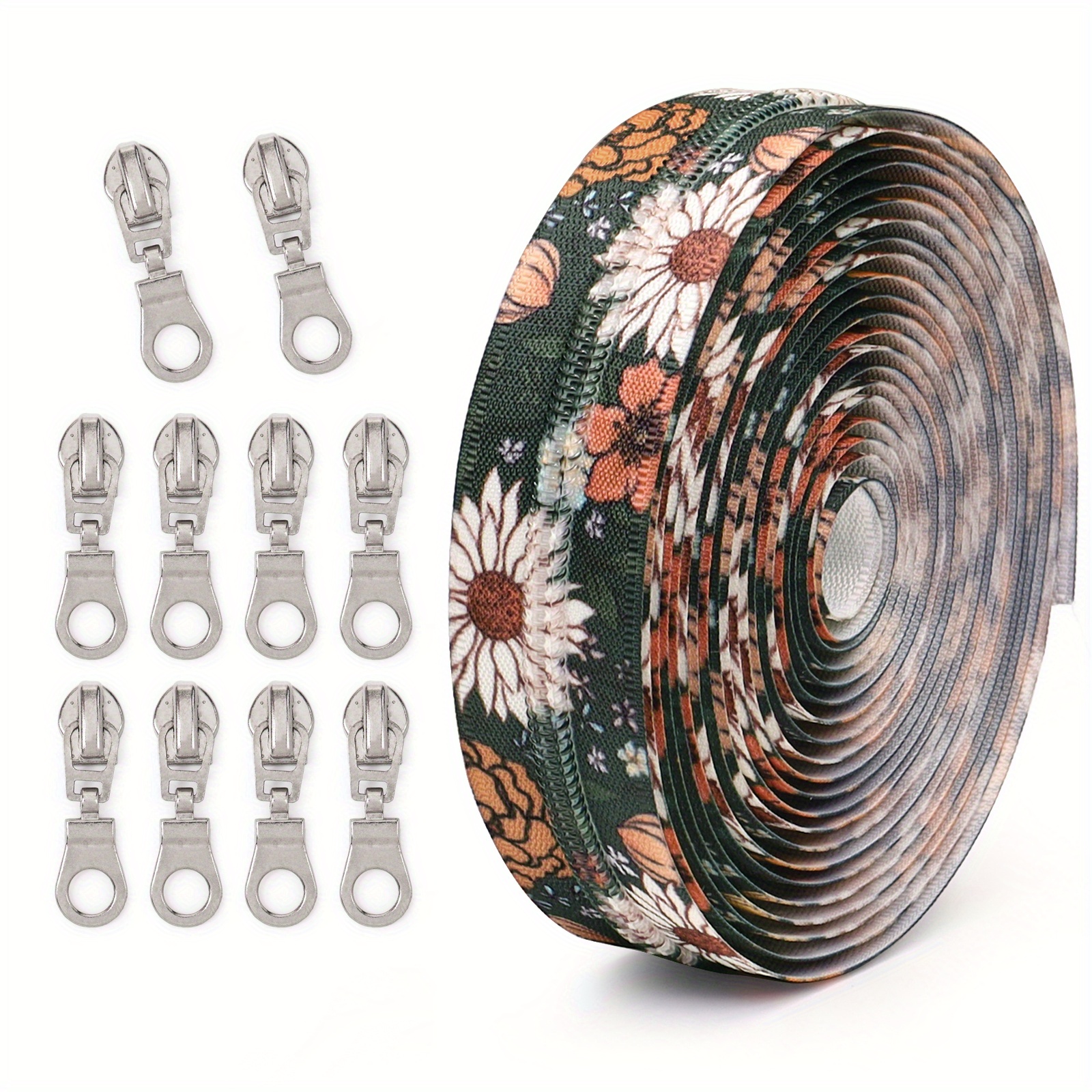 Image of 1 Set -4.5-meter Zipper + 10 Zipper Heads, 5# Zipper Set, Jungle Flower Element, With 10 Zipper Heads, Suitable For Clothing, Luggage, Sewing Replacement, Etc