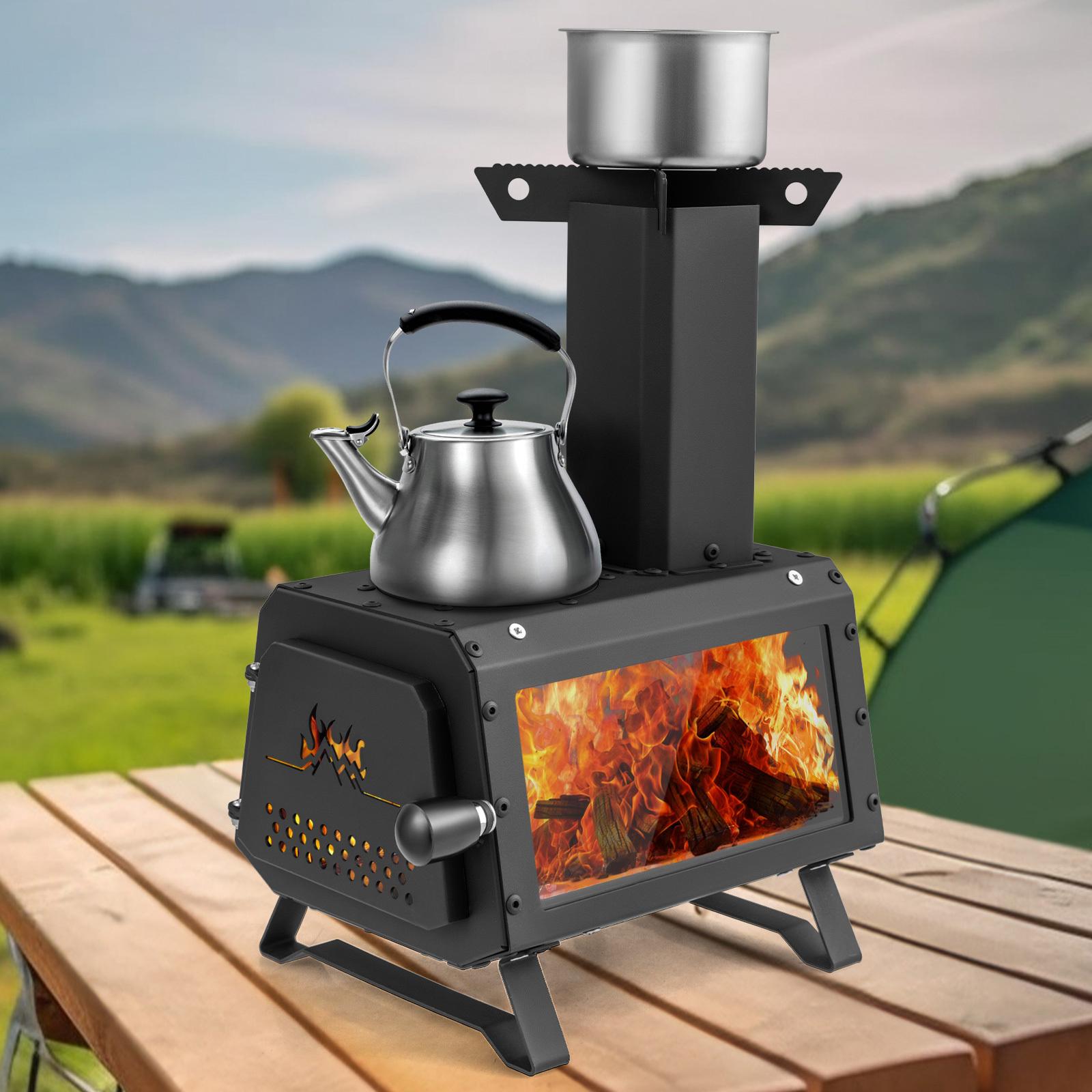 TEMU Lifezeal Portable Wood Burning Camping Stove, Carbon Steel Outdoor Wood Stove Heater With 2 Cooking Positions, Heat Resistant Glass Window &