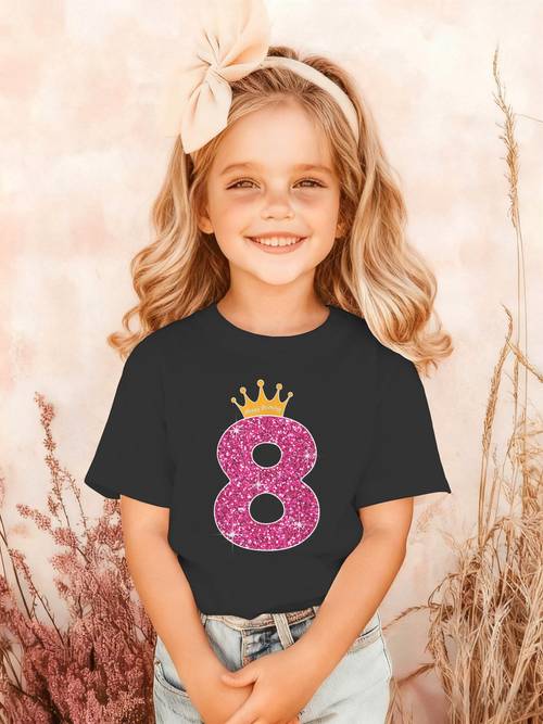 poza articolului ținută pentru petrecerea de aniversare a fetelor de 8 ani - tricou drăguț cu grafică numărul 8 și coroană, cu accent de fundă roz sclipitoare - bluză casual moale cu gât rotund și mânecă scurtă pentru fete de 8 ani - haine pentru petrecerea de ziua de naștere (fără căptușeală la piept, croi lejer
