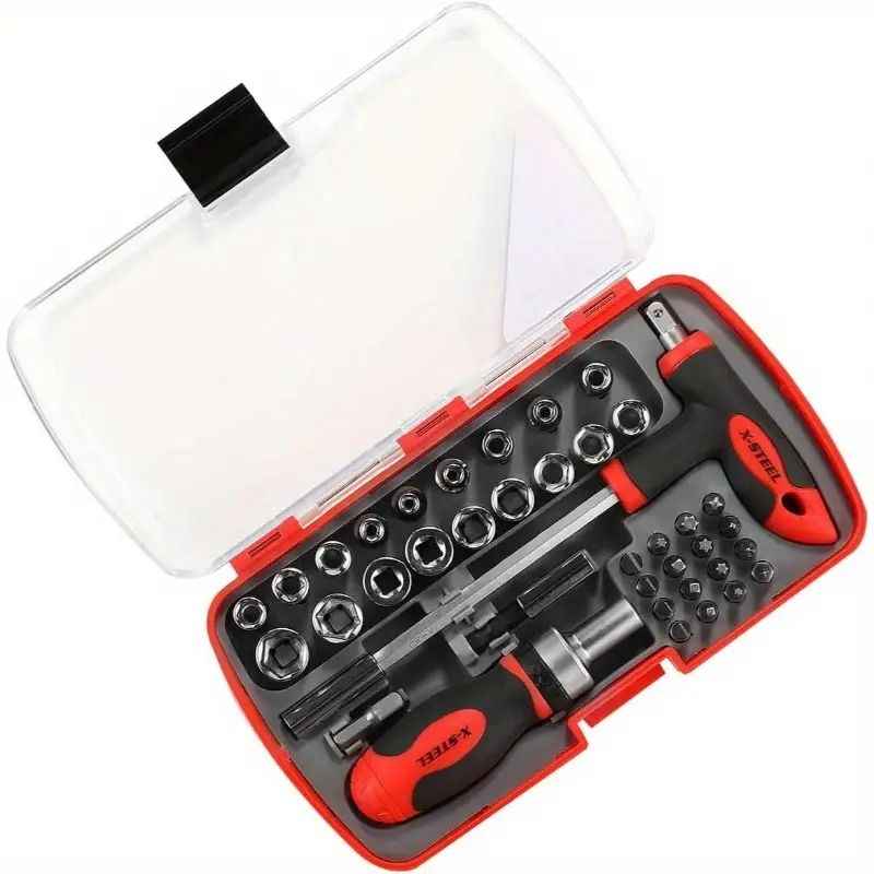 38pcs heavy-duty magnetic ratcheting screwdriver & socket set with t-handle ratchet, sockets & bits - mechanic s tool kit for home, car, motorcycle, bike repair - ergonomic grip, durable construction, portable case included (no power required) - ideal for diy & professional mechanics, bulk hand tool kit, industrial work, home , professional-grade, men car repair, bike mechanics Product details 0