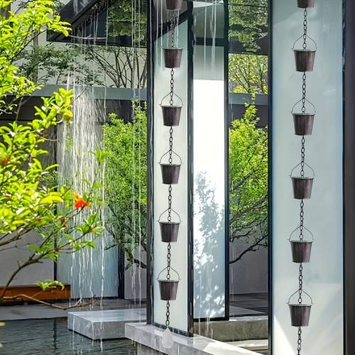 1pc Outdoor Wrought Iron Bucket-Shaped Rain Chain, Drip Drain Decoration, Garden Decor Unique, Yard& , Practical