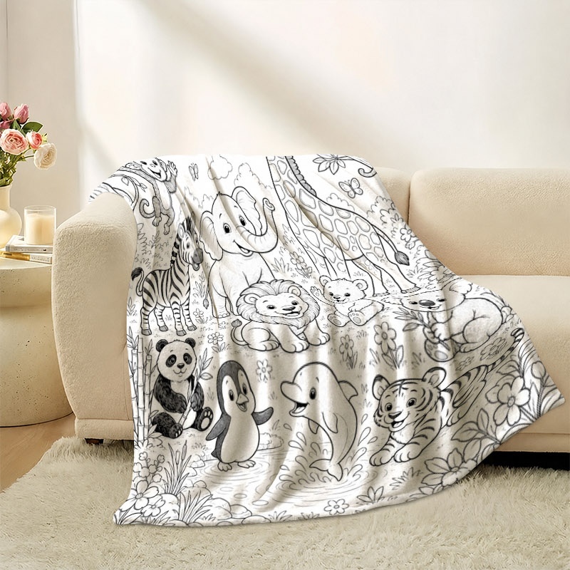 TEMU Cartoon Jungle Animal Doodle Coloring Blanket, Adorable Wildlife Pattern With Monkeys, Elephants, Giraffes, And Pandas, Comfortable And Soft
